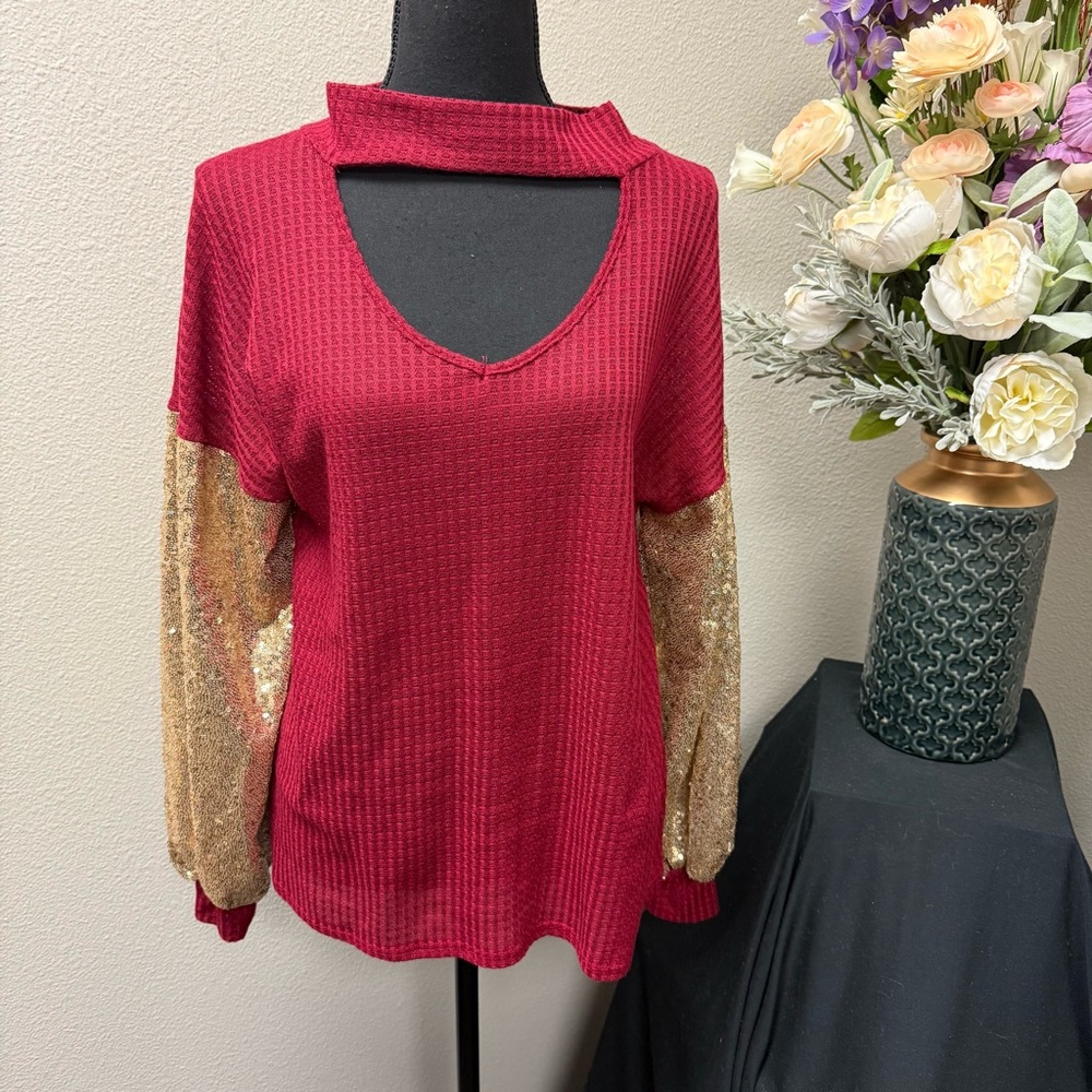 Bibi Red Waffle Knit Sequin Sleeve Cutout V-Neck Top – Festive & Chic L